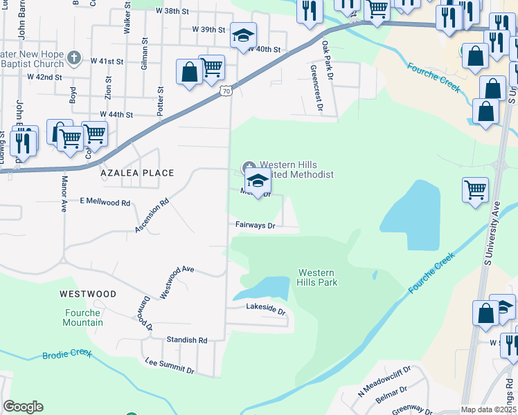 map of restaurants, bars, coffee shops, grocery stores, and more near 4901 Western Hills Avenue in Little Rock