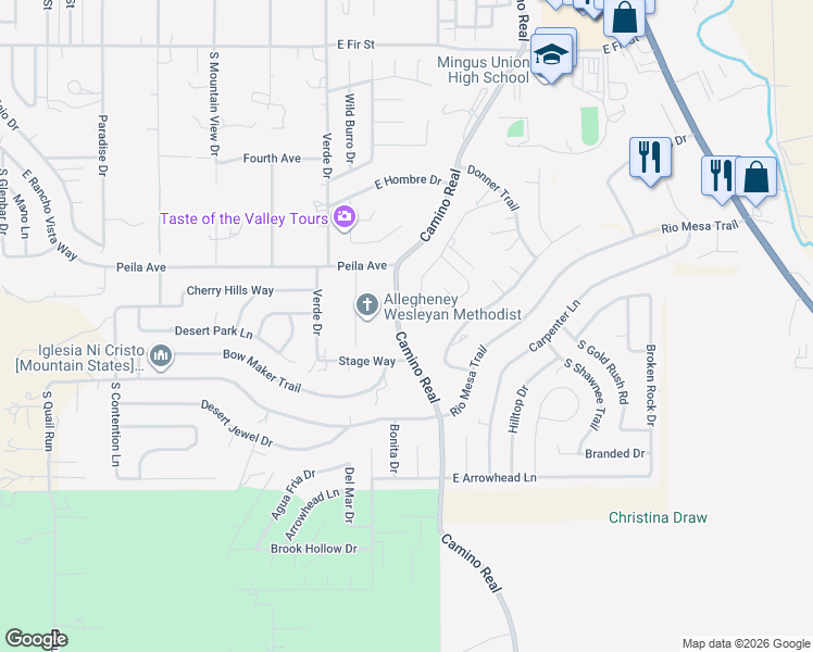 map of restaurants, bars, coffee shops, grocery stores, and more near 1693 Camino Real in Cottonwood