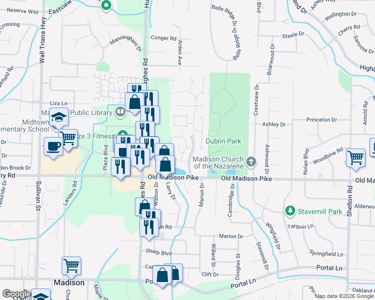 map of restaurants, bars, coffee shops, grocery stores, and more near 120 Millstone Lane in Madison