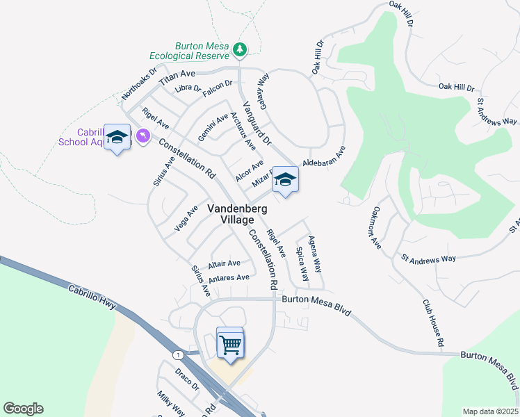 map of restaurants, bars, coffee shops, grocery stores, and more near 4079 Rigel Avenue in Lompoc