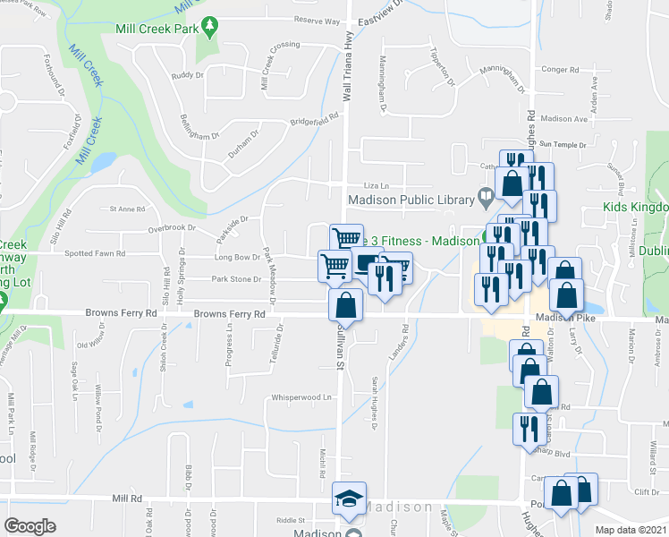 map of restaurants, bars, coffee shops, grocery stores, and more near 139 Garden Brook Drive in Madison