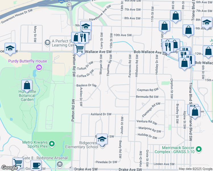 map of restaurants, bars, coffee shops, grocery stores, and more near 2914 Thurman Road Southwest in Huntsville