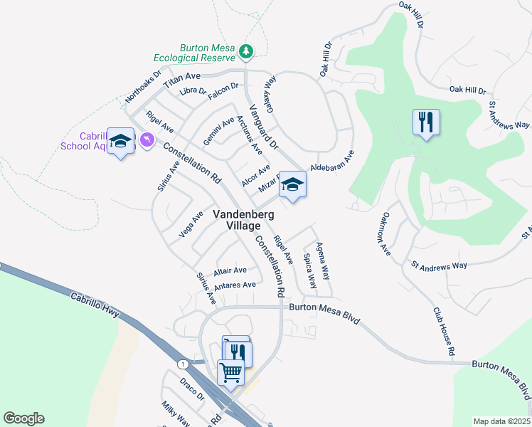 map of restaurants, bars, coffee shops, grocery stores, and more near 4079 Rigel Avenue in Lompoc