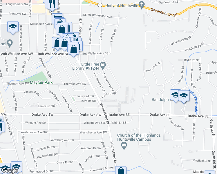 map of restaurants, bars, coffee shops, grocery stores, and more near 2706 Evergreen Street Southeast in Huntsville