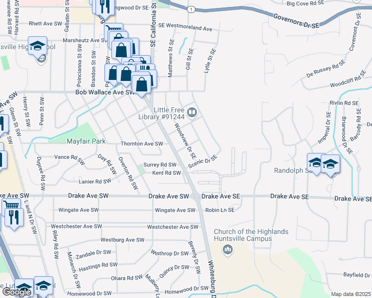 map of restaurants, bars, coffee shops, grocery stores, and more near 104 Garland Avenue Southeast in Huntsville