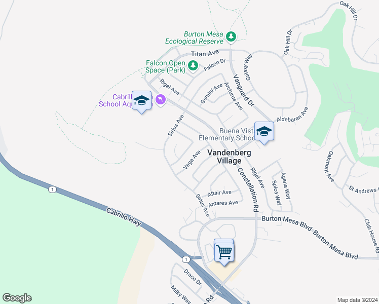 map of restaurants, bars, coffee shops, grocery stores, and more near 258 Pegasus Avenue in Lompoc