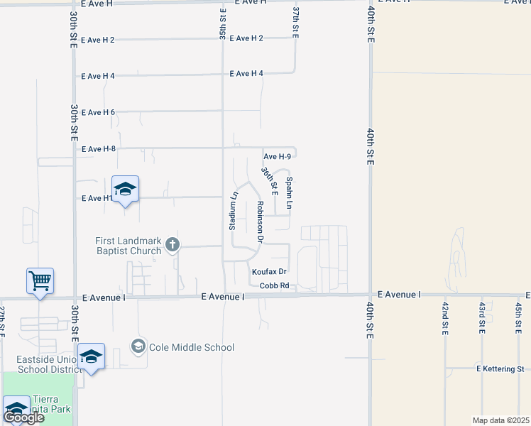 map of restaurants, bars, coffee shops, grocery stores, and more near 66 Avenue H-13 in Lancaster