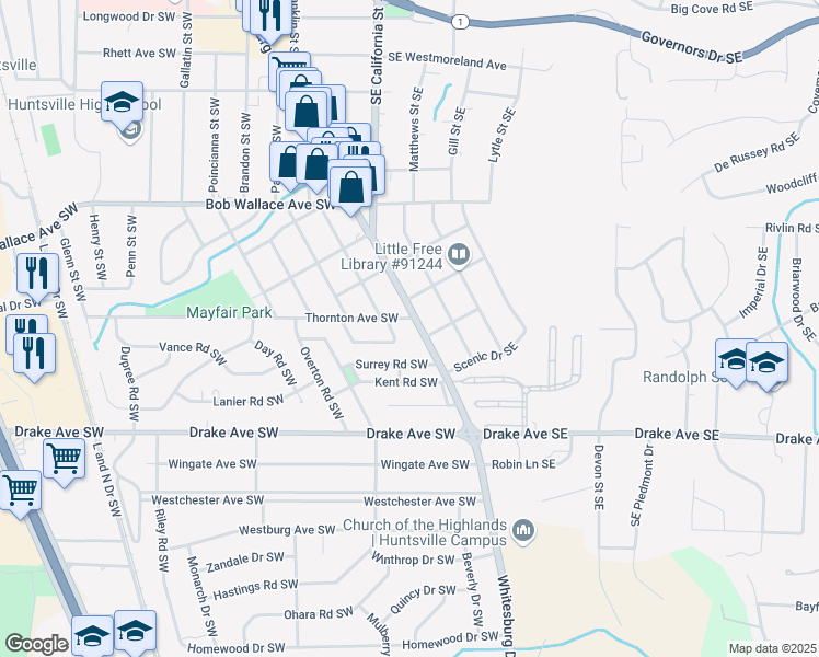 map of restaurants, bars, coffee shops, grocery stores, and more near 2616 Whitesburg Drive in Huntsville