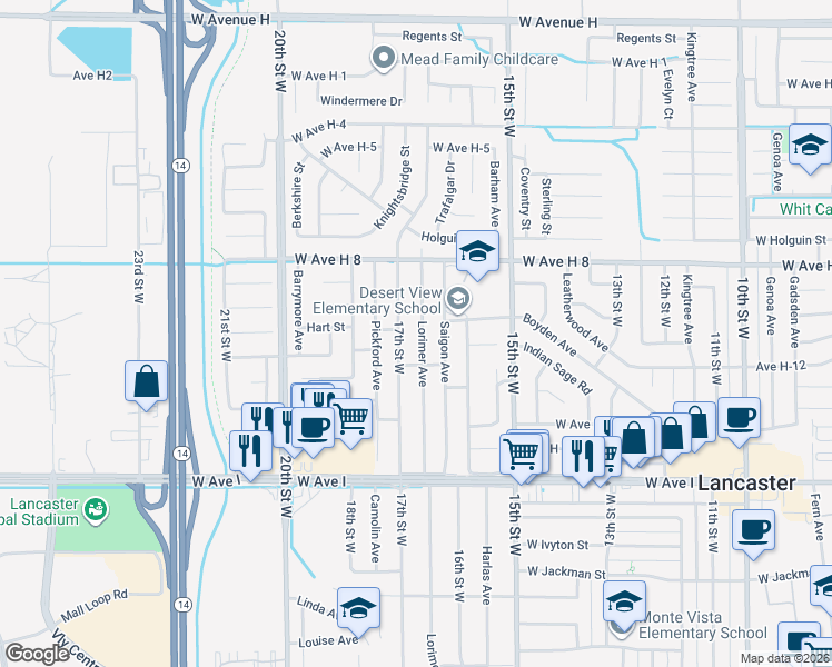 map of restaurants, bars, coffee shops, grocery stores, and more near 45427 Lorimer Avenue in Lancaster