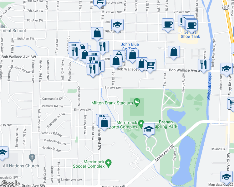 map of restaurants, bars, coffee shops, grocery stores, and more near 3207 Westheimer Drive Southwest in Huntsville