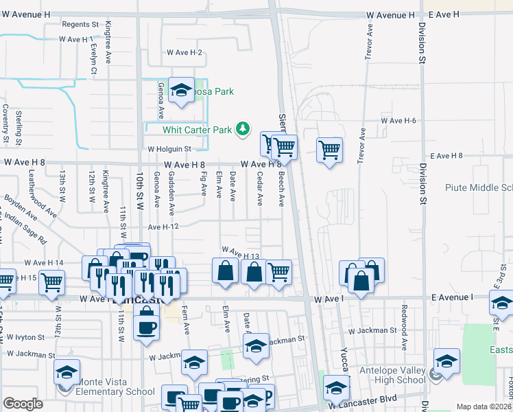 map of restaurants, bars, coffee shops, grocery stores, and more near 45414 Corkwood Avenue in Lancaster