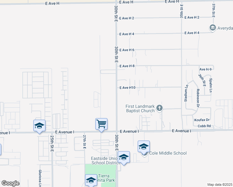 map of restaurants, bars, coffee shops, grocery stores, and more near 45418 30th Street East in Lancaster