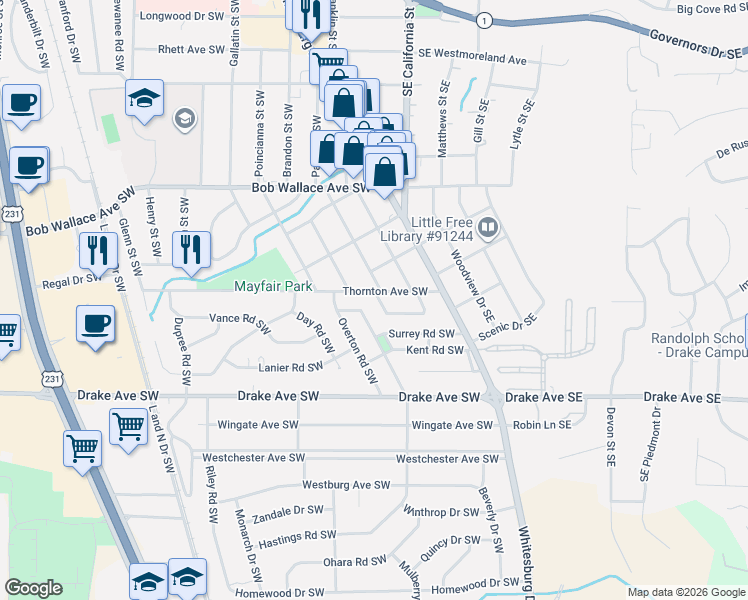 map of restaurants, bars, coffee shops, grocery stores, and more near 2711 Hastings Road Southwest in Huntsville