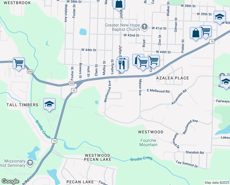 map of restaurants, bars, coffee shops, grocery stores, and more near 55 Loblolly Drive in Little Rock