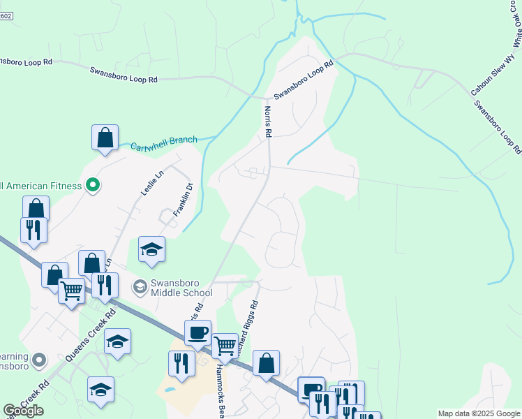 map of restaurants, bars, coffee shops, grocery stores, and more near 102 Borough Nest Drive in Swansboro