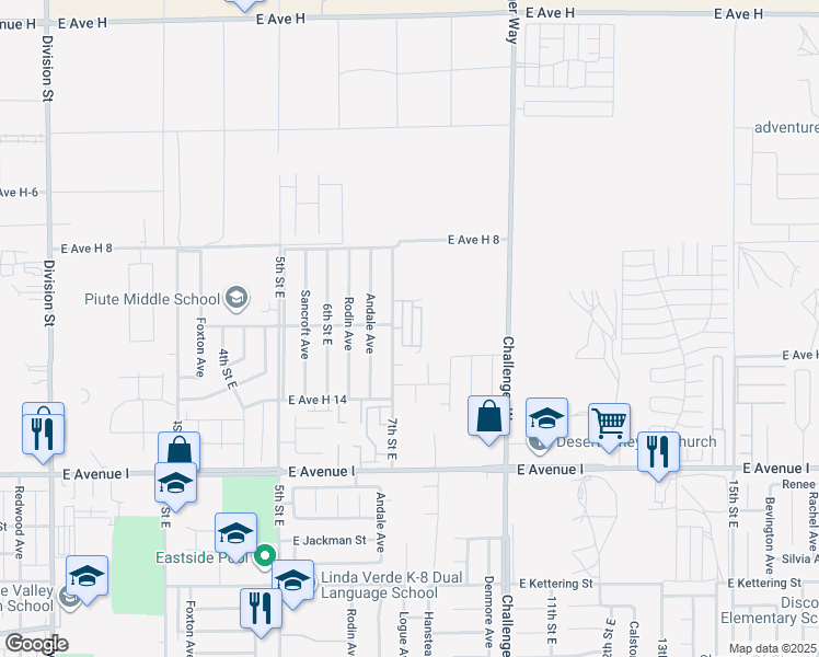 map of restaurants, bars, coffee shops, grocery stores, and more near 45446 7th Street East in Lancaster