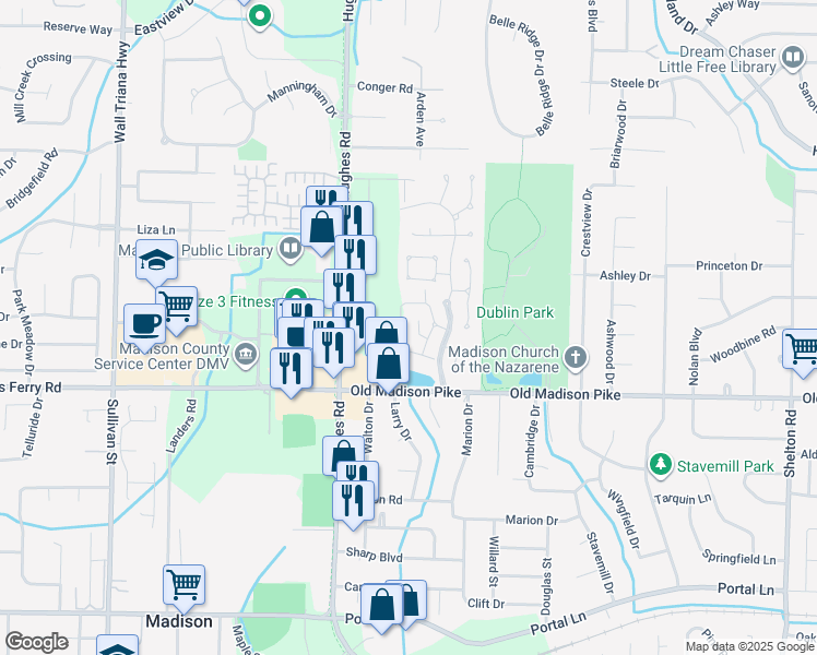map of restaurants, bars, coffee shops, grocery stores, and more near 215 Waters Edge Lane in Madison