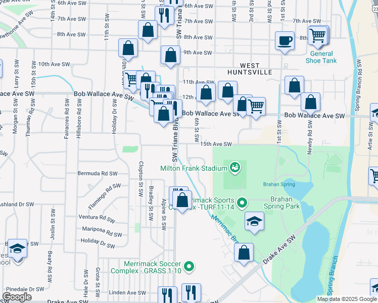 map of restaurants, bars, coffee shops, grocery stores, and more near 3002 Woodway Drive Southwest in Huntsville