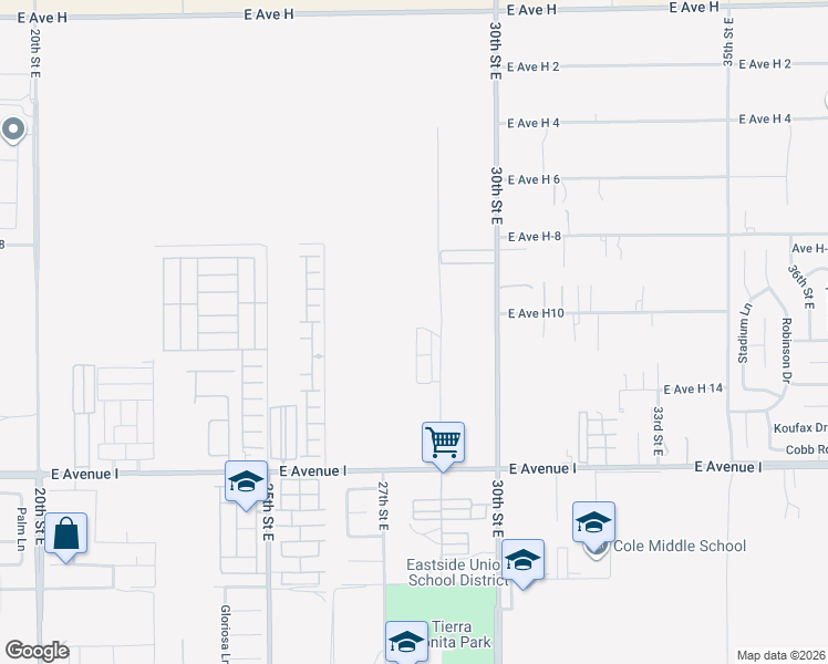 map of restaurants, bars, coffee shops, grocery stores, and more near 45415 28th Street East in Lancaster