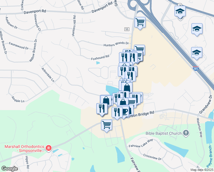 map of restaurants, bars, coffee shops, grocery stores, and more near 680 Fairview Road in Simpsonville