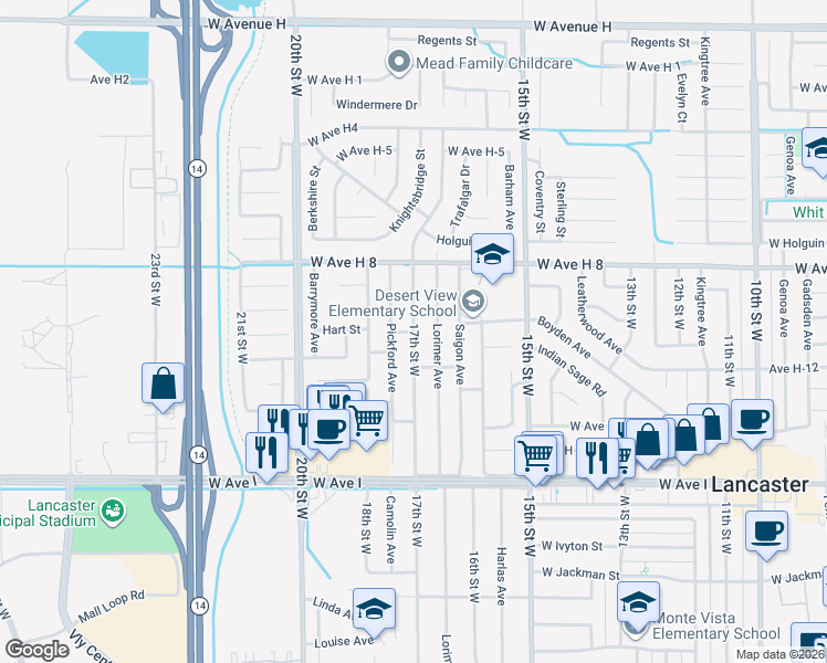 map of restaurants, bars, coffee shops, grocery stores, and more near 17th Street West in Los Angeles County