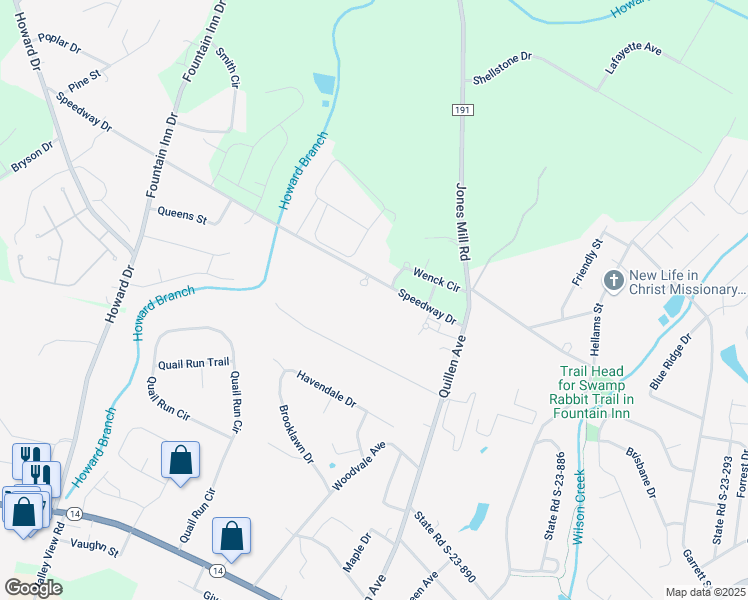 map of restaurants, bars, coffee shops, grocery stores, and more near 145 Speedway Drive in Fountain Inn