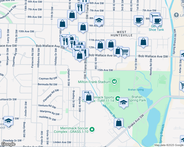 map of restaurants, bars, coffee shops, grocery stores, and more near 3002 Woodway Drive Southwest in Huntsville