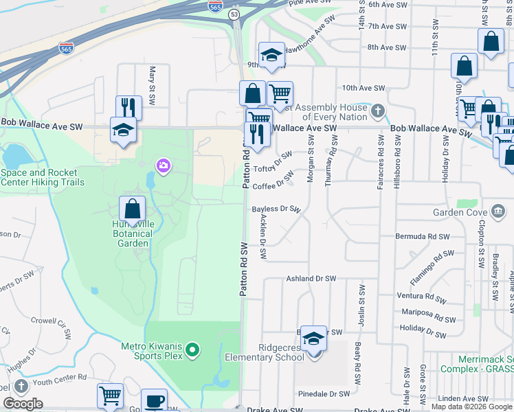 map of restaurants, bars, coffee shops, grocery stores, and more near 2900 Bayless Drive Southwest in Huntsville