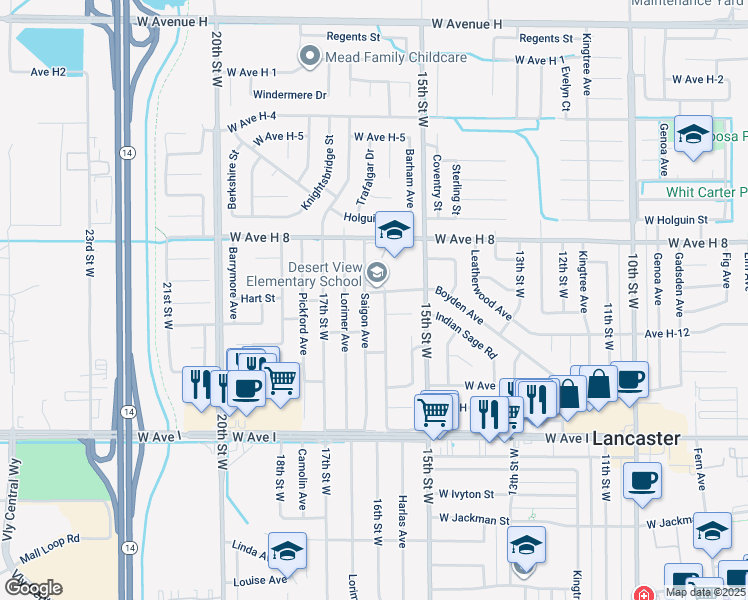 map of restaurants, bars, coffee shops, grocery stores, and more near 1560 West Avenue H-10 in Lancaster