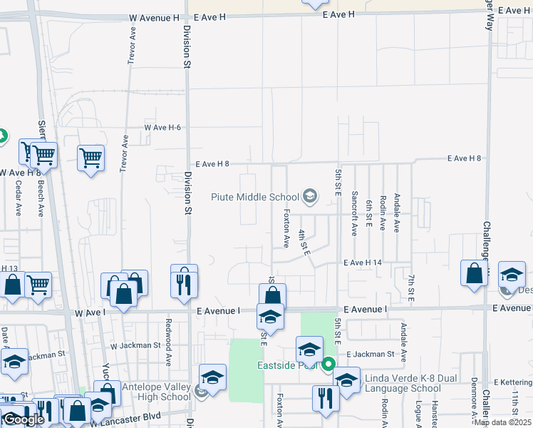 map of restaurants, bars, coffee shops, grocery stores, and more near 45461 East 3rd Street in Lancaster