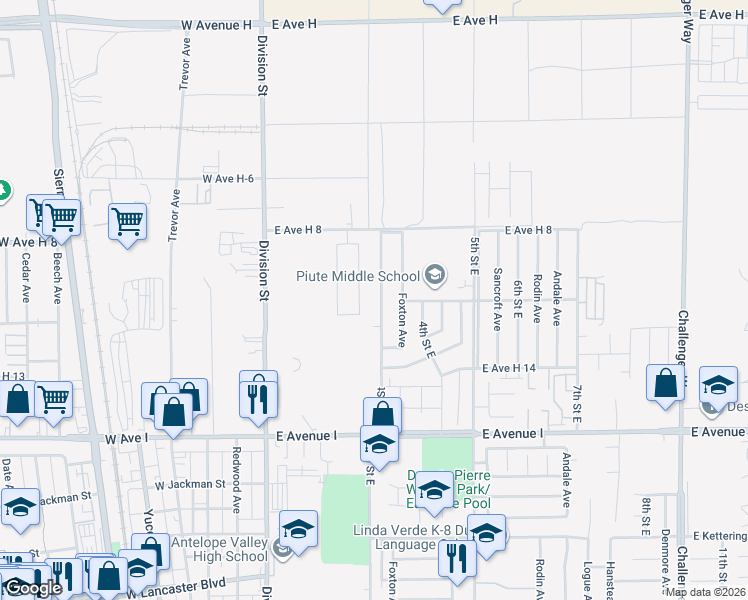 map of restaurants, bars, coffee shops, grocery stores, and more near 45429 Stanridge Avenue in Lancaster