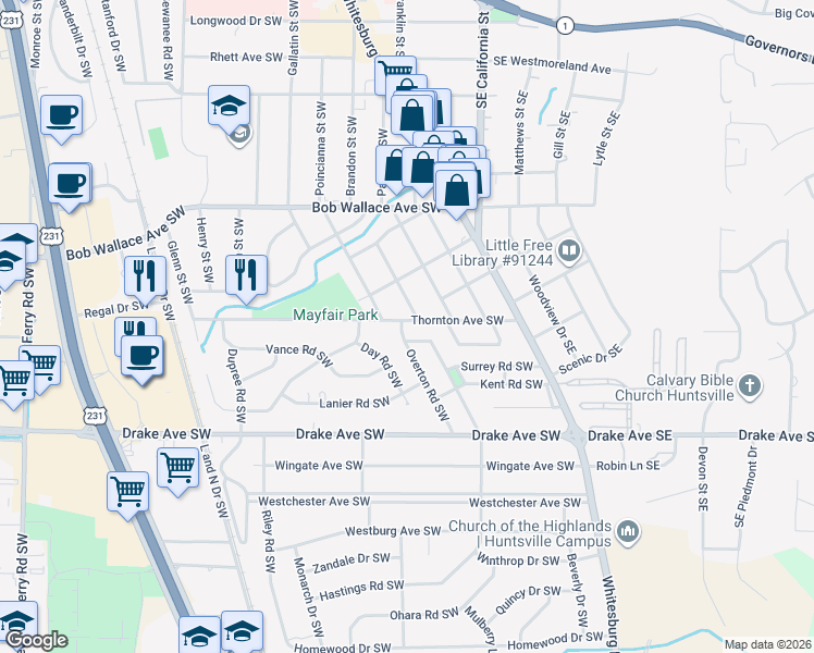 map of restaurants, bars, coffee shops, grocery stores, and more near 2702 Overton Road Southwest in Huntsville