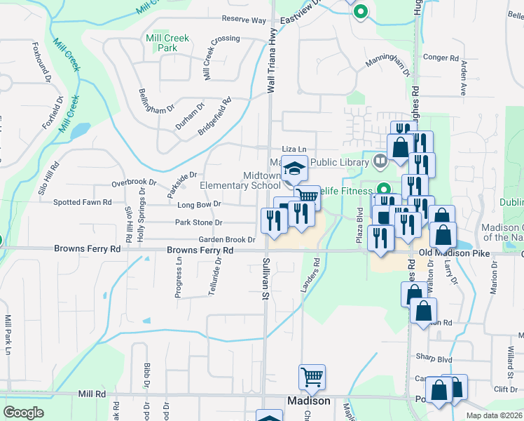 map of restaurants, bars, coffee shops, grocery stores, and more near 139 Garden Brook Drive in Madison