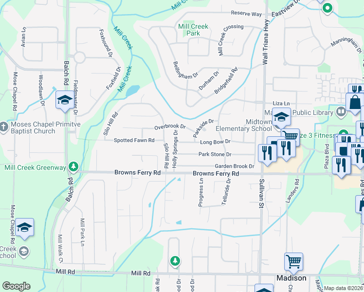 map of restaurants, bars, coffee shops, grocery stores, and more near 228 Park Stone Drive in Madison