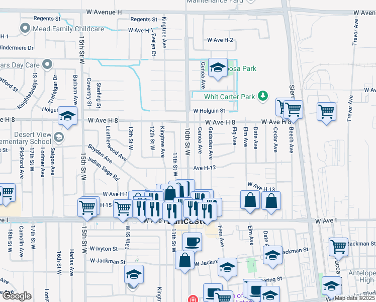 map of restaurants, bars, coffee shops, grocery stores, and more near 45429 Genoa Avenue in Lancaster
