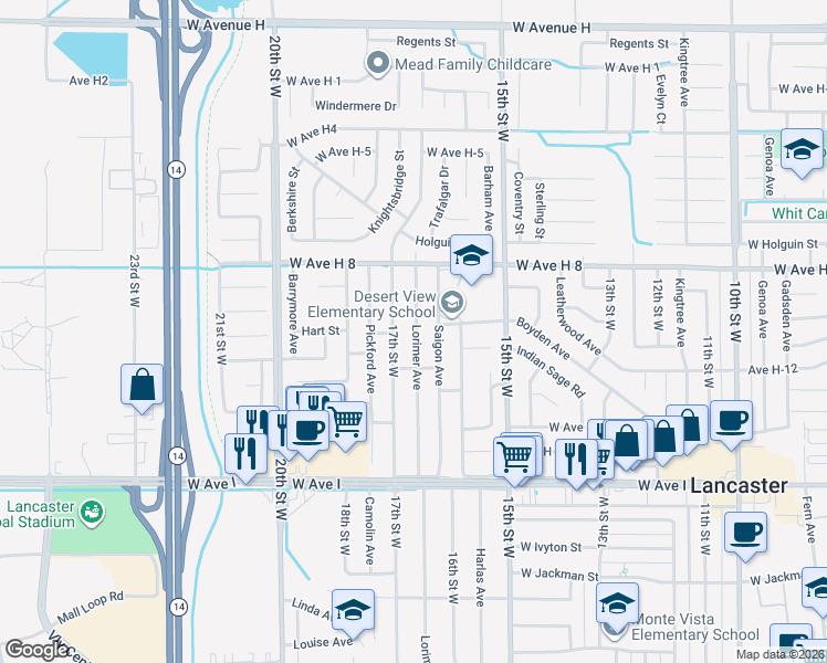 map of restaurants, bars, coffee shops, grocery stores, and more near 45439 Lorimer Avenue in Lancaster