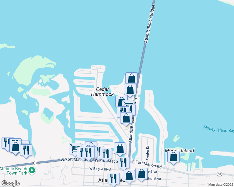 map of restaurants, bars, coffee shops, grocery stores, and more near 213 Moonlight Drive in Atlantic Beach