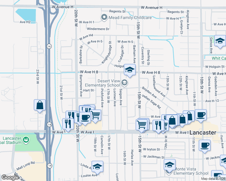 map of restaurants, bars, coffee shops, grocery stores, and more near 45439 Lorimer Avenue in Lancaster