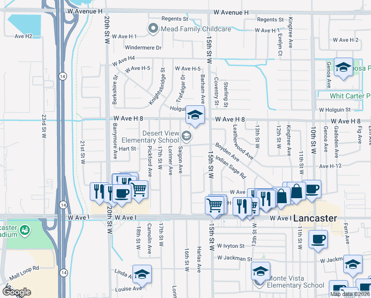 map of restaurants, bars, coffee shops, grocery stores, and more near 1560 West Avenue H-10 in Lancaster