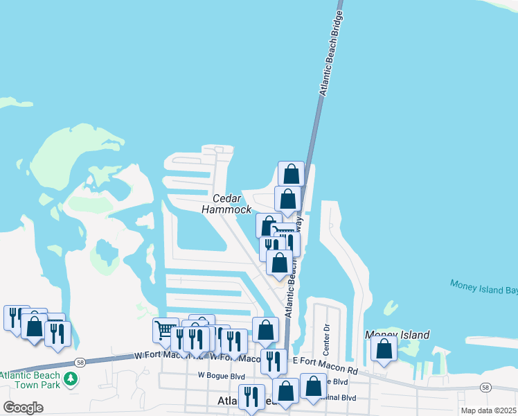 map of restaurants, bars, coffee shops, grocery stores, and more near 213 Moonlight Drive in Atlantic Beach