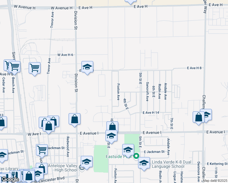 map of restaurants, bars, coffee shops, grocery stores, and more near 45462 East 3rd Street in Lancaster