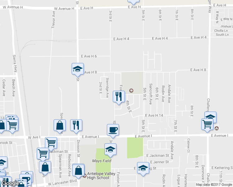 map of restaurants, bars, coffee shops, grocery stores, and more near 45462 East 3rd Street in Lancaster
