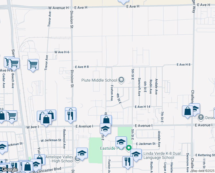 map of restaurants, bars, coffee shops, grocery stores, and more near 45462 3rd Street East in Lancaster