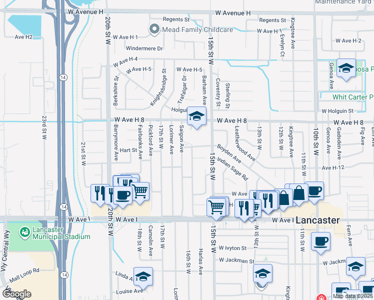 map of restaurants, bars, coffee shops, grocery stores, and more near 1560 West Avenue H-10 in Lancaster