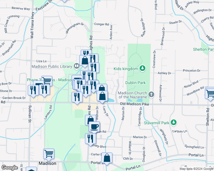 map of restaurants, bars, coffee shops, grocery stores, and more near 205 Waters Edge Lane in Madison