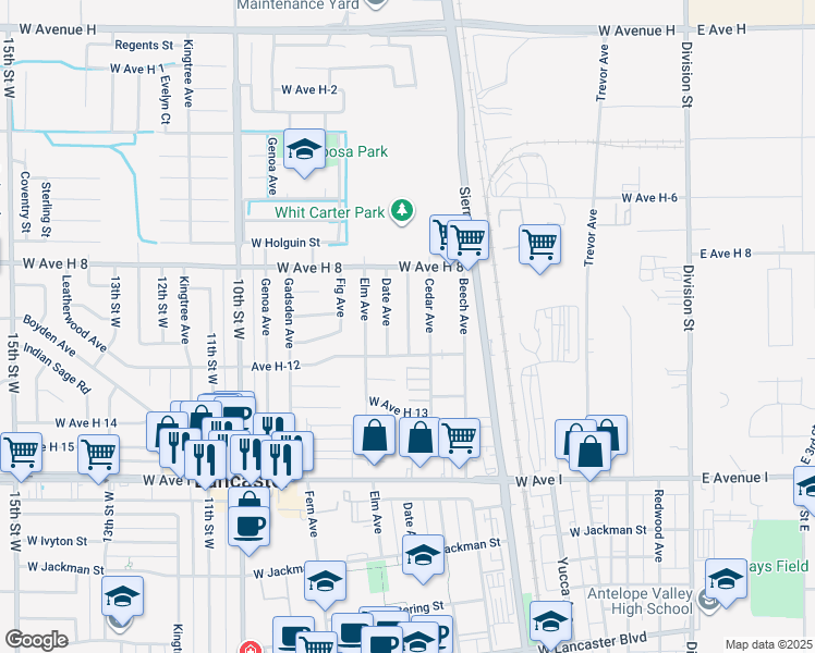 map of restaurants, bars, coffee shops, grocery stores, and more near 45414 Corkwood Avenue in Lancaster