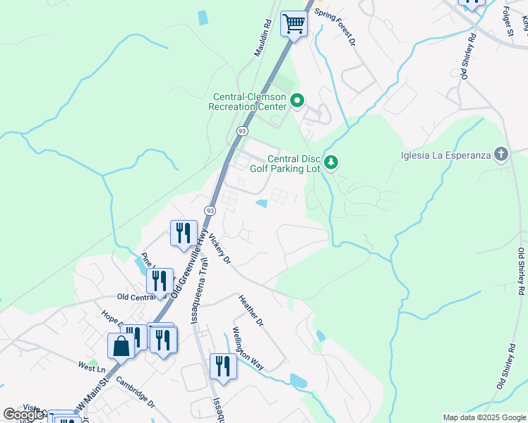 map of restaurants, bars, coffee shops, grocery stores, and more near 128 University Village Drive in Central