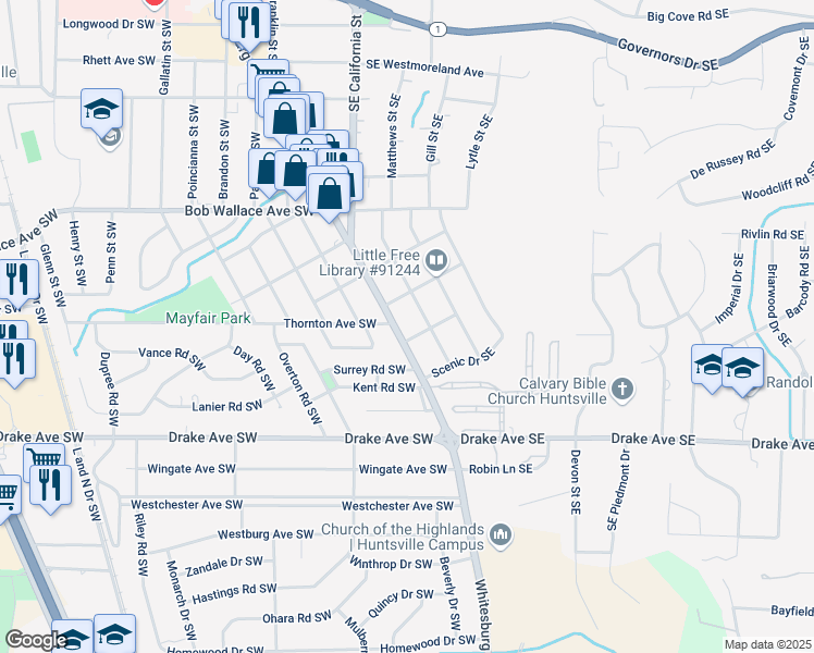 map of restaurants, bars, coffee shops, grocery stores, and more near 104 Garland Avenue Southeast in Huntsville