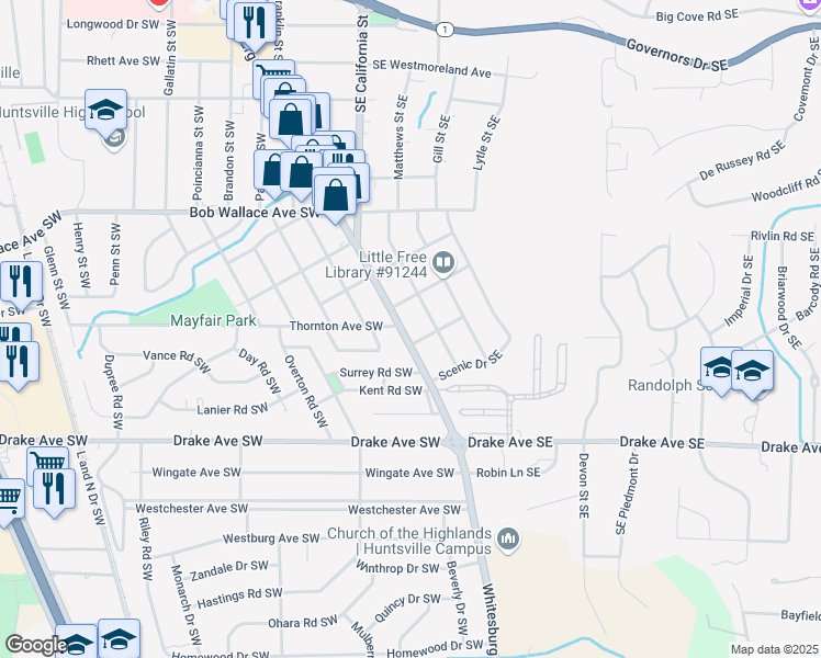 map of restaurants, bars, coffee shops, grocery stores, and more near 104 Garland Avenue Southeast in Huntsville