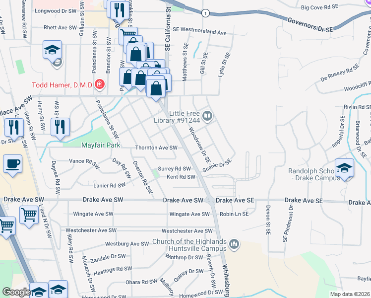 map of restaurants, bars, coffee shops, grocery stores, and more near 2616 Whitesburg Drive in Huntsville